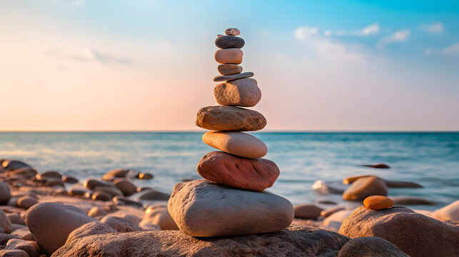Pyramid stones balance on the beach against the background of the sea and the sky