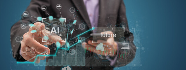 Artificial Intelligence conversation. Man using technology smart AI robot get support by enter command prompt for generates, Futuristic Digital transformation, Virtual assistant on internet.