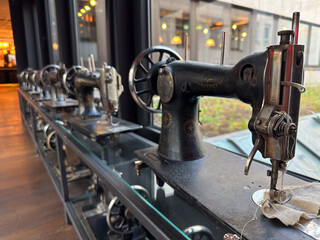 old sewing machines used as decoration in a hotel. detail.