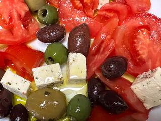 Greek salad prepared at home. interior photo.