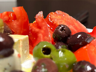 Greek salad prepared at home. interior photo.