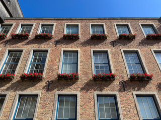 windows, the windows of a brick building with smoky floral decoration.