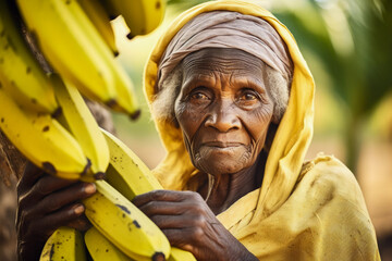 Fototapeta premium Older woman showing ripe bananas after a banana harvest, generative ai