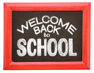 Back to school written on a framed blackboard, isolated background. Top view flat lay concept. Childish lettering, multicolored letters for primary school, elementary school or grade school