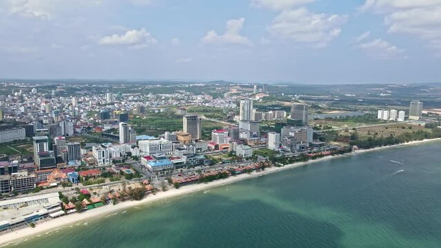 Aerial drone shot of Sihanoukville, Preah Sihanouk, Cambodia
