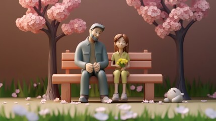 Heartwarming Father's Day scene rendered in 3D realism, minimalist style, featuring a father and child daughter sitting on a park bench, surrounded by a serene environment