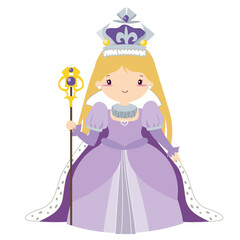 Obraz na płótnie Canvas Clipart on white background of the queen in purple dress with sceptre. Medieval fairytale queen character. Vector outline fantasy monarch kingdom a queen in crown and mantle. 