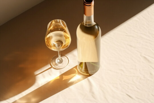 Flat lay with white wine bottle, set glasses wine with sunshine shadow and flare on light beige background. White wine aesthetic photo, copyspace. Summer holiday still life. AI Generative