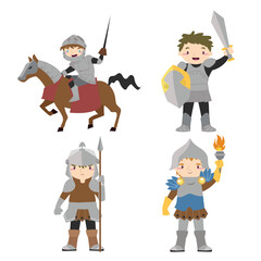 Collection clipart on white background set of guards and knights of medieval kingdom fairytale cute and kawaii cartoon characters in vector illustrations. 