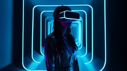 In a dimly lit room filled with glowing screens, a young woman dons a pair of futuristic VR glasses. The room is a technological marvel, adorned with sleek surfaces and minimalist design. 