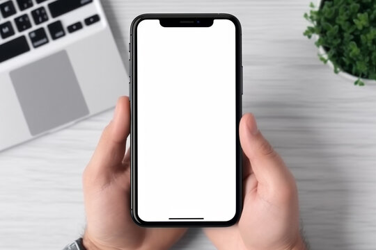 Top view of businessman hands using smartphone mockup at the white office desk. Blank screen mobile phone for graphic display montage. AI Generative