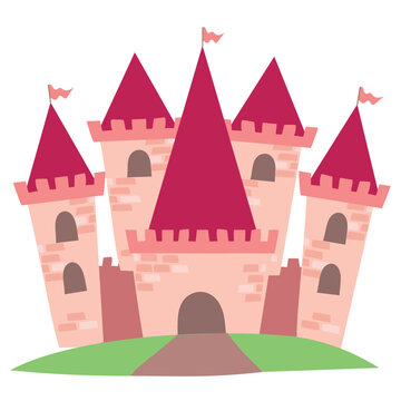 Clipart on white background of cute monarch kingdom. Medieval the kingdom castle in vector. Vector outline fantasy monarch kingdom.