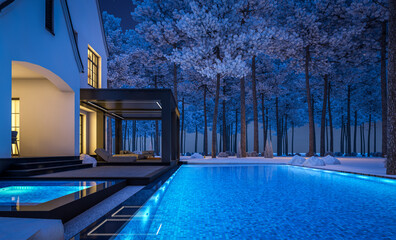 3d rendering of cute cozy white and black modern Tudor style house with parking  and pool for sale or rent with beautiful landscaping. Fairy roofs. Cool winter night with stars in sky.