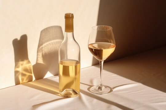 Flat lay with white wine bottle, set glasses wine with sunshine shadow and flare on light beige background. White wine aesthetic photo, copyspace. Summer holiday still life. AI Generative