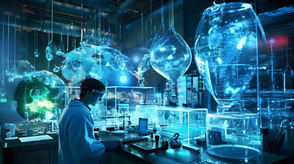 Futuristic laboratory with holographic displays and robotic assistants, bustling with activity, set in a high-tech cityscape at dusk, exuding an energetic and innovative atmosphere