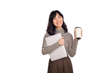 Beautiful smiling young asian businesswoman carrying laptop computer and cup of coffee to go while standing isolated over white background - PNG format