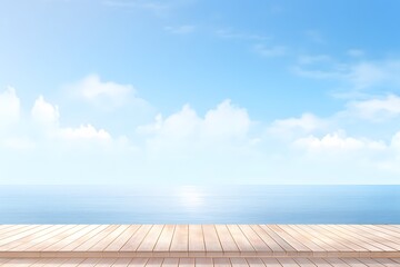 Wood floor in the background is sea beach. sea and sky background. Generative AI