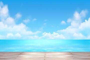 Fototapeta premium Wood floor in the background is sea beach. sea and sky background. Generative AI