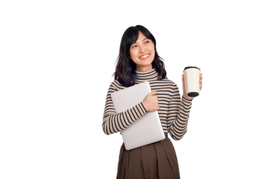 Beautiful smiling young asian businesswoman carrying laptop computer and cup of coffee to go while standing isolated over white background - PNG format