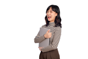 Beautiful young Asian woman on sweater clothing holding laptop pc computer and looking at camera with smile face, isolated on white background - PNG format