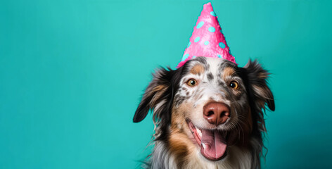 Portrait of a cute Australian Shepherd dog in a festive pink hat on his birthday on a blue background. Template for a postcard. Holiday concept. Banner, place for text