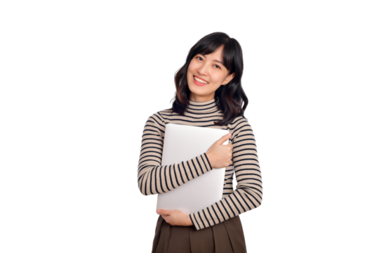 Beautiful young Asian woman on sweater clothing holding laptop pc computer and looking at camera with smile face, isolated on white background - PNG format
