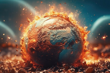 Obraz na płótnie Canvas Explosion. Planet Earth is in Danger. Global warming. Apocalypse. Global environmental problem of pollution of the Earth.Generation AI