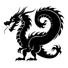 Black silhouette dragon icon. Asian style tattoo template isolated on white background