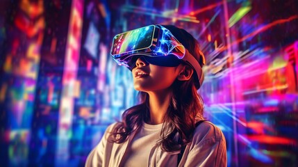 A young woman wearing futuristic glasses of virtual reality, surrounded by vibrant neon lights casting colorful reflections on her face. 