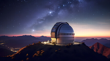 A bustling observatory atop a mountain peak, with astronomers peering through powerful telescopes at distant stars and galaxies