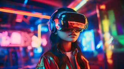 Obraz premium A young woman wearing futuristic glasses of virtual reality, surrounded by vibrant neon lights casting colorful reflections on her face. 