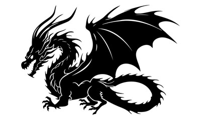 Black dragon silhouette isolated on white background