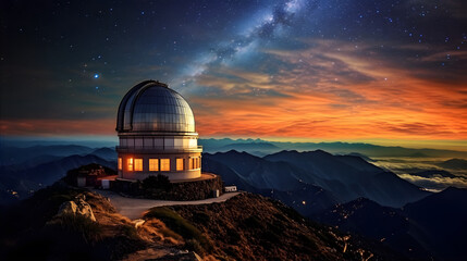 Fototapeta na wymiar A bustling observatory atop a mountain peak, with astronomers peering through powerful telescopes at distant stars and galaxies