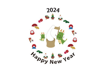 2024年　年賀状横　辰の餅つきイラスト