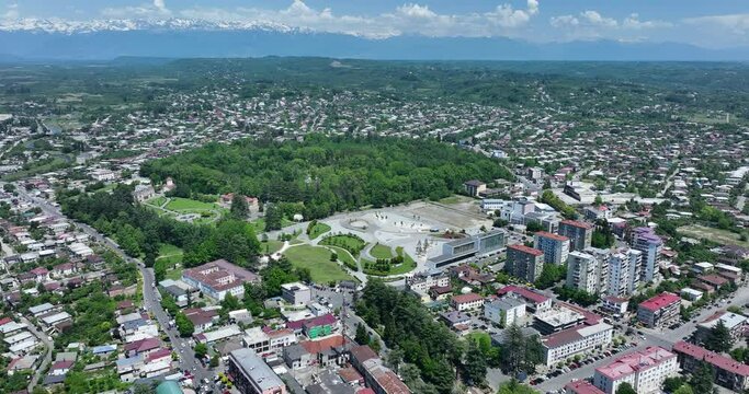 Flying over the center of Zugdidi city in Samegrelo. Georgia