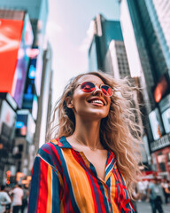 Portrait of a young woman with sunglasses and influencer look smiling on Times Square, New York City. Urban travel and enjoy vacations concept