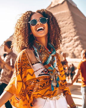 Portrait of a young woman traveler with sunglasses and influencer look smiling in front of the Egyptian pyramids. Travel and enjoy vacations concept