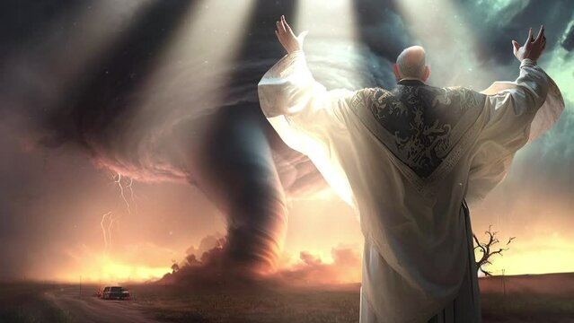  animation -  tornado over a green field and a priest praying in the foreground
