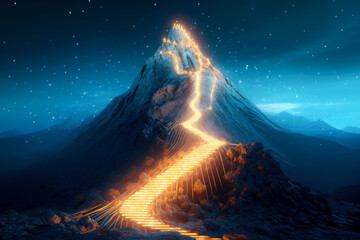 A glowing pathway leading toward a mountain to climb, glowing light gold and azure, concept art.