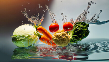 Fototapeta na wymiar vegatables falling into water, generative Ai