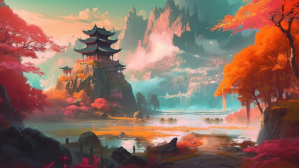 Chinese style fantasy scenes. Generative Ai