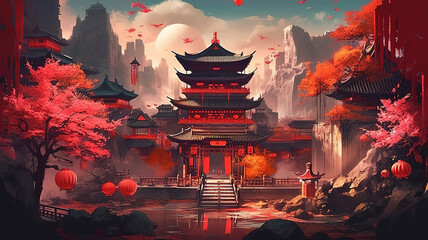 Chinese fantasy style scene art. Generative Ai