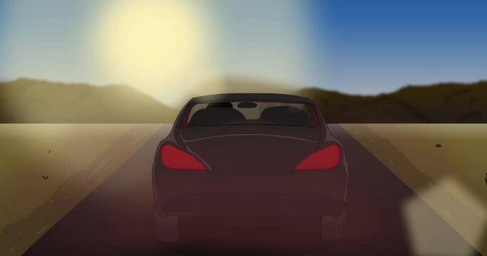 Dark color car riding on the highway desert road. Back view. Hot sunny day.