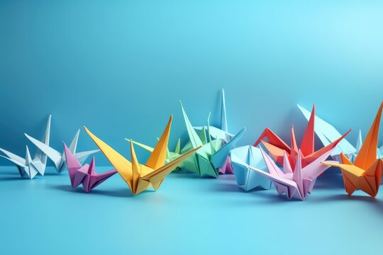 pastel origami paper cranes on blue background, AI