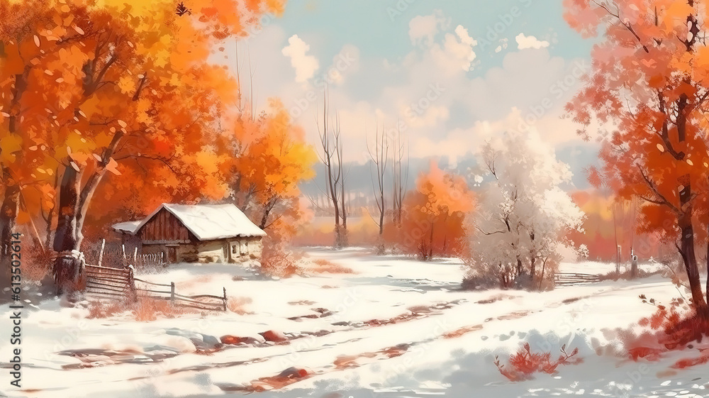 Poster sunlight breaks through the autumn leaves of the trees in the ea. generative ai