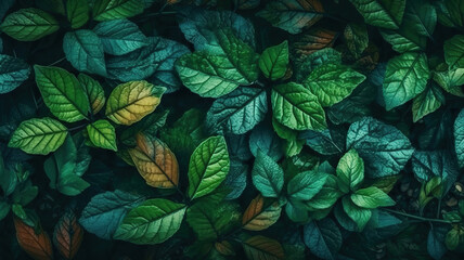 Green foliage background, leaf texture, bush, bright vibrant colors. Generative Ai