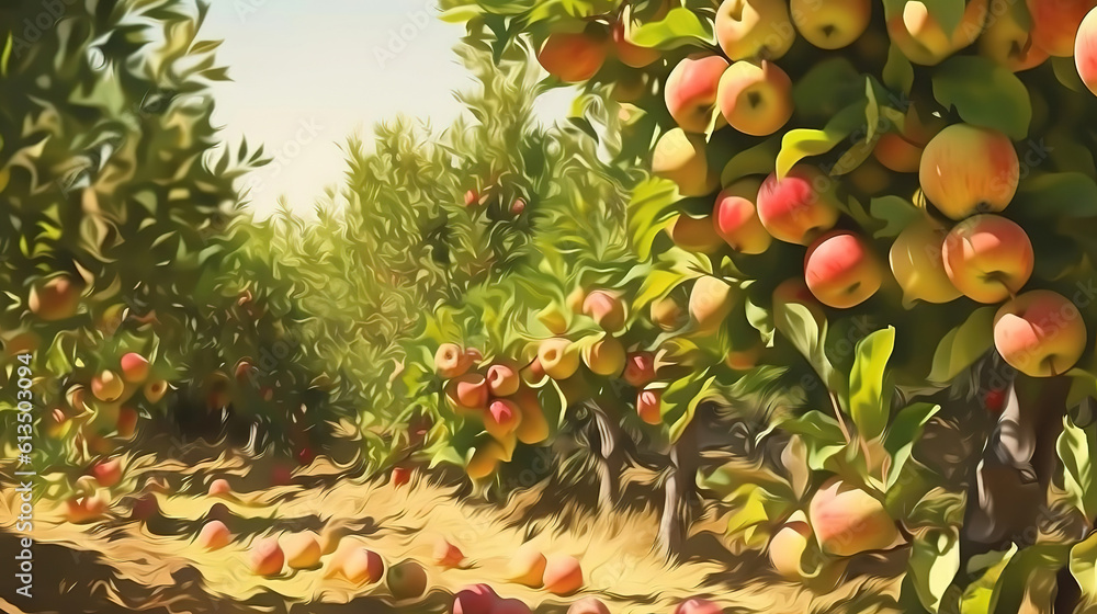 Poster large ripe red apples hanging from tree branch in orchard ready for harvesting. generative ai