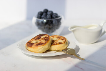 Appetizing and healthy breakfast. Cottage cheese pancakes