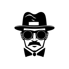 Silhouette of a mysterious man in a hat with a mustache in glasses. Retro style vector illustration of noir gentleman. Mafia steampunk icon symbol logo isolated on white background