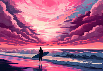 big seaside pink sky and doing surfing Generative AI - obrazy, fototapety, plakaty